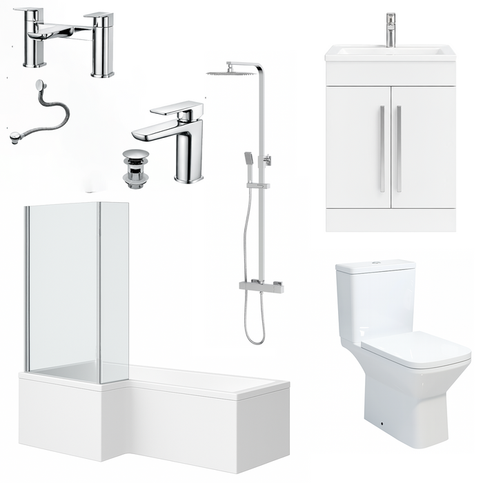Bathroom fixtures including a shower enclosure, sink, toilet, and cabinets on a white background