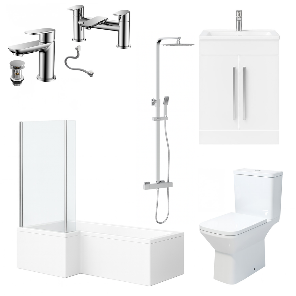 1500x700mm LH L-Shape Shower Bath Suite with Chrome Screen & White Vanity