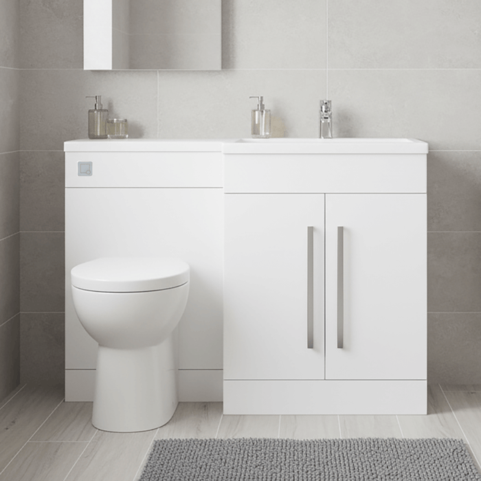 Gloss White (RH) Combination Basin WC Unit & Bilo BTW Toilet 1100mm Chrome Handles & Square Flush Plate