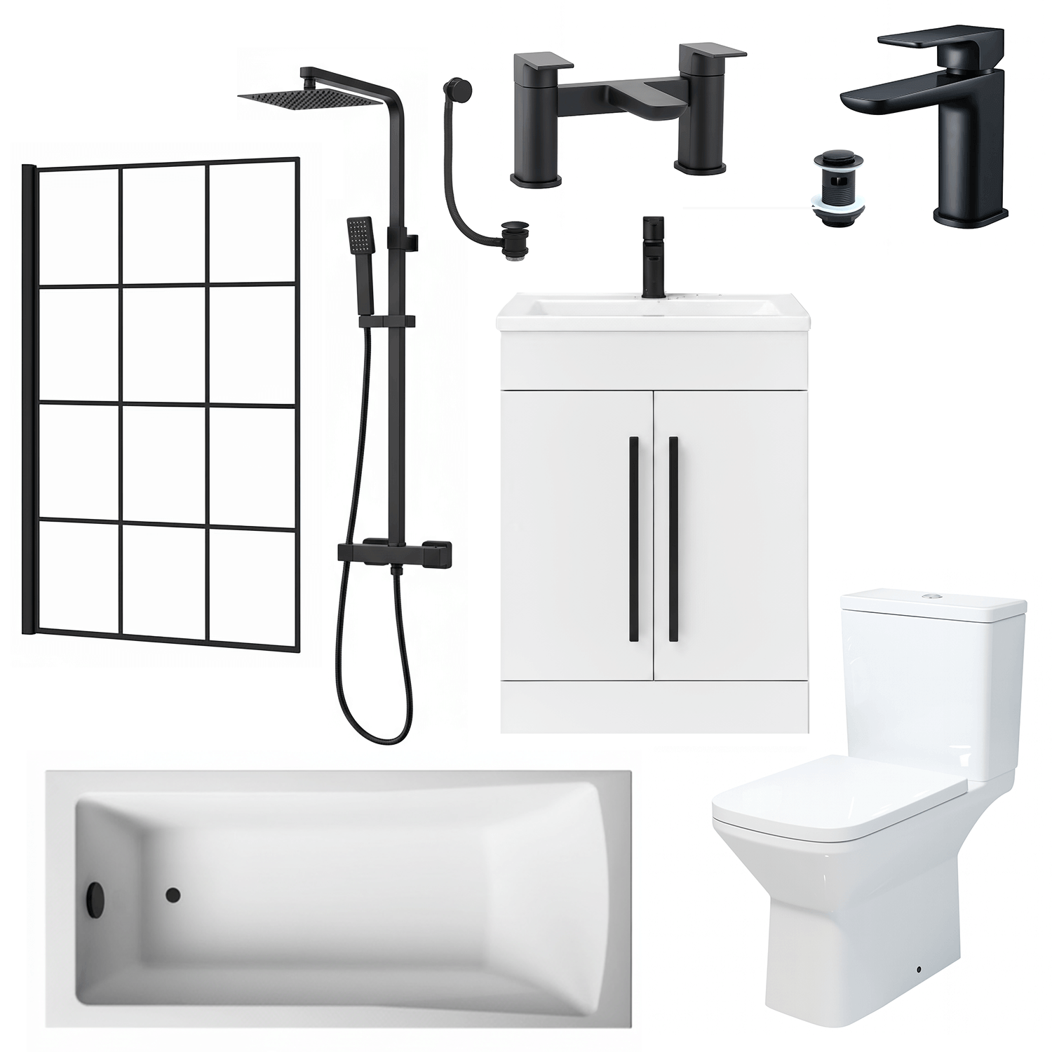 Bathroom Suite Rectangular Bath & Shower, Crittal Shower Screen, Toilet, White Vanity & Black Taps