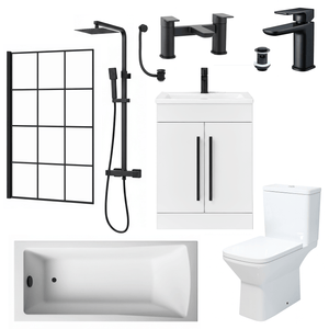 Bathroom Suite Rectangular Bath & Shower, Crittal Shower Screen, Toilet, White Vanity & Black Taps