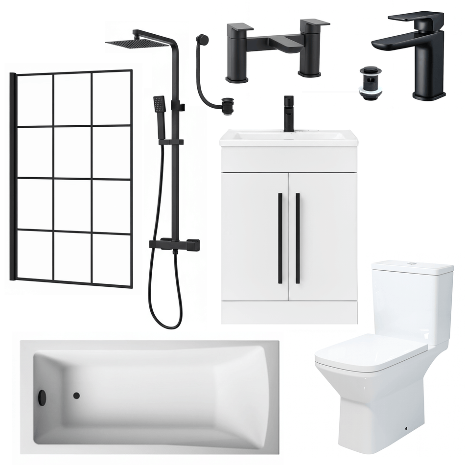 Bathroom Suite Rectangular Bath & Shower, Crittal Shower Screen, Toilet, White Vanity & Black Taps