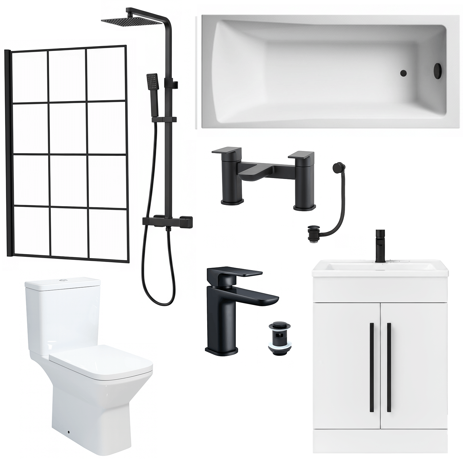 Bathroom Suite 1600mm Rectangular Bath & Shower, Crittall Shower Screen, Toilet, White Vanity & Black Taps