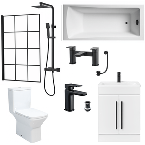 Bathroom Suite 1600mm Rectangular Bath & Shower, Crittall Shower Screen, Toilet, White Vanity & Black Taps