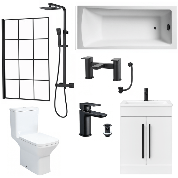 Bathroom Suite 1600mm Rectangular Bath & Shower, Crittall Shower Screen, Toilet, White Vanity & Black Taps