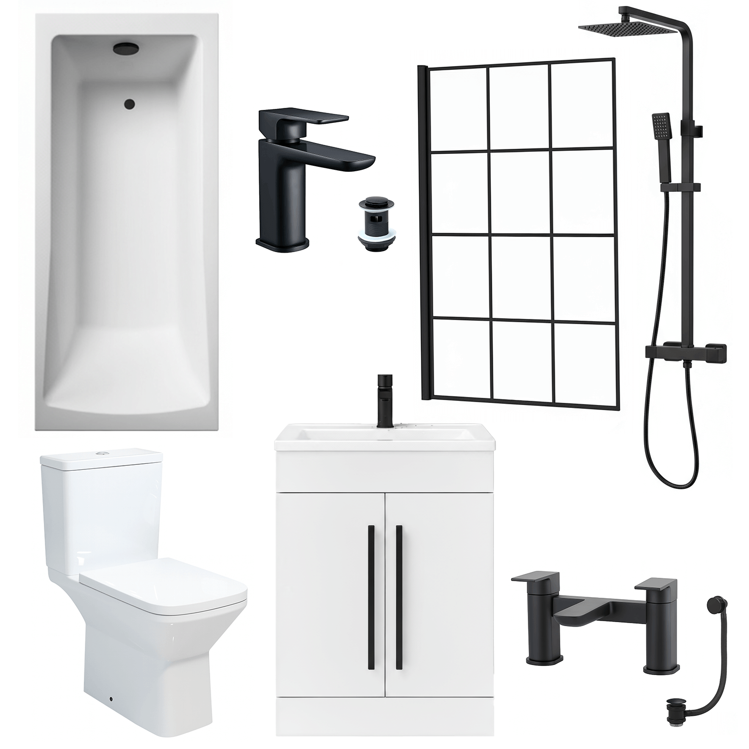 Bathroom Suite 1700mm Rectangular Bath & Shower, Crittall Shower Screen, Toilet, White Vanity & Black Taps