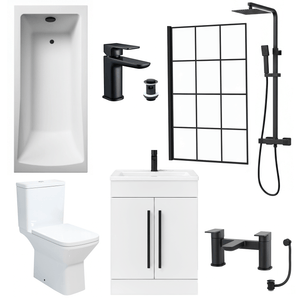 Bathroom Suite 1700mm Rectangular Bath & Shower, Crittall Shower Screen, Toilet, White Vanity & Black Taps
