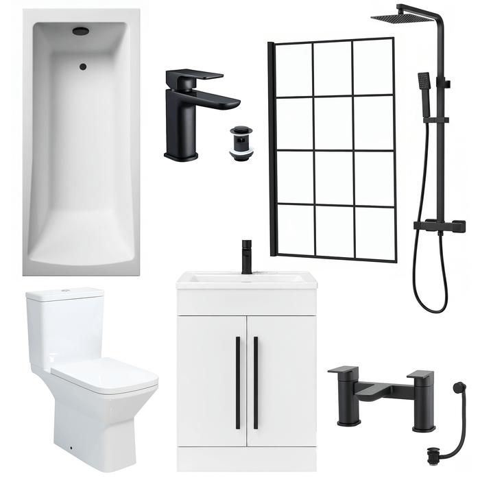 Bathroom Suite 1700mm Rectangular Bath & Shower, Crittall Shower Screen, Toilet, White Vanity & Black Taps
