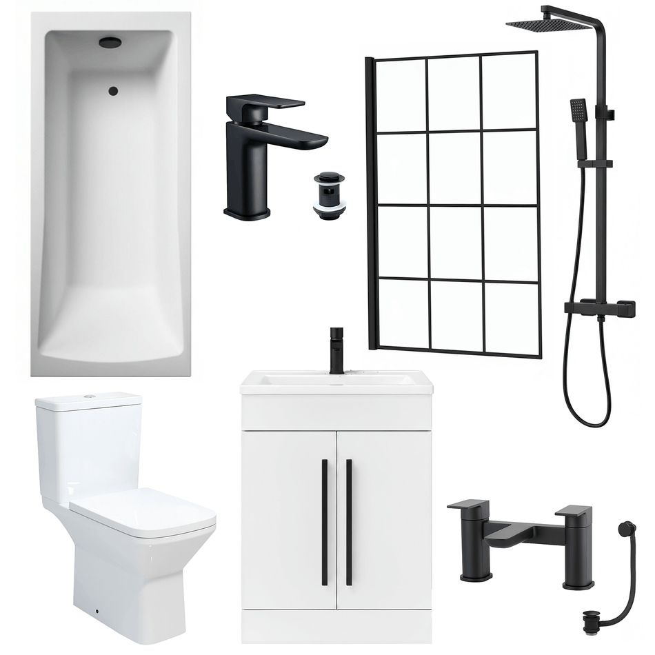 Bathroom Suite 1700mm Rectangular Bath & Shower, Crittall Shower Screen, Toilet, White Vanity & Black Taps