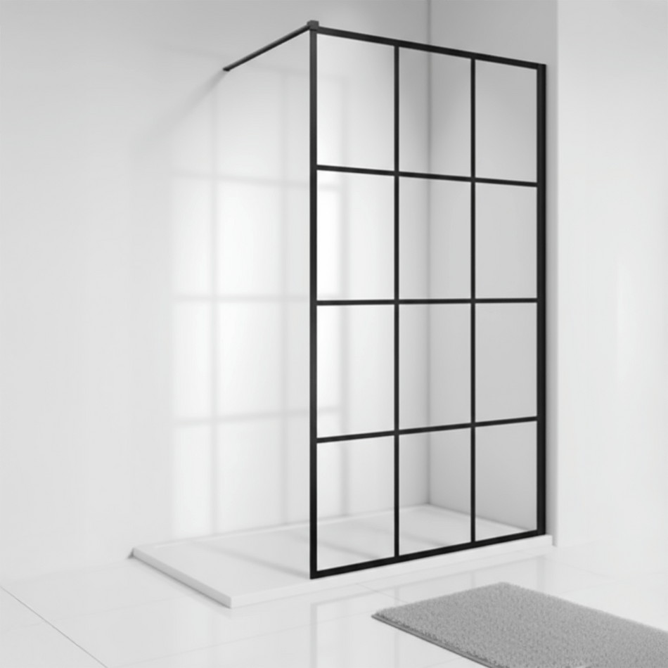 Crittall Grid Wet Room Shower Screen 800x1950mm, 8mm Black Glass