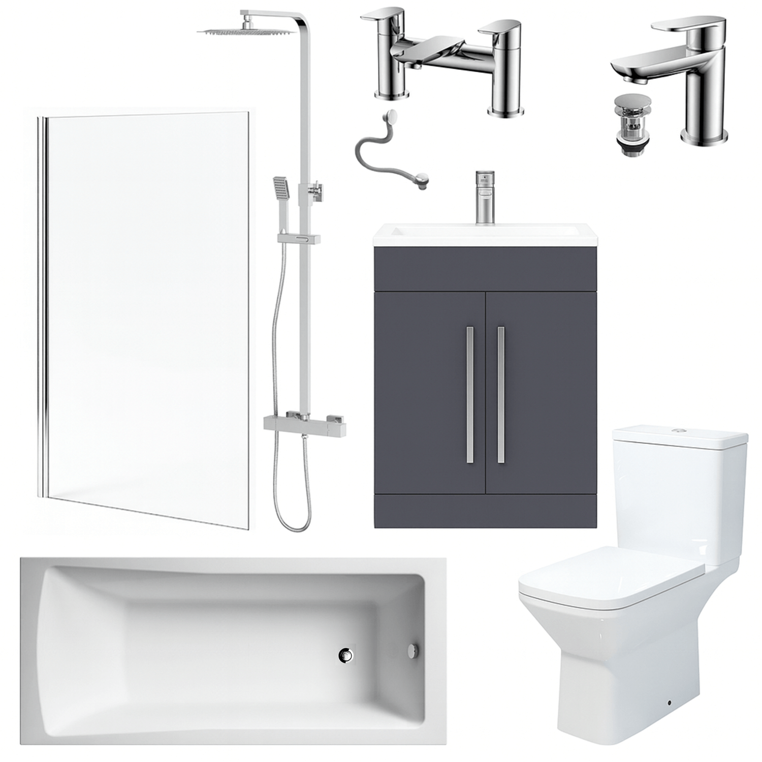 Bathroom Suite Rectangular Bath & Shower, Chrome Straight Screen, Toilet, Grey Vanity & Taps