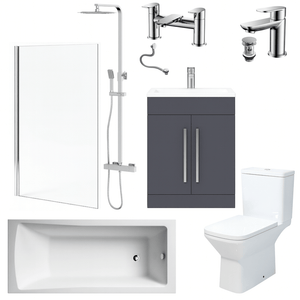 Bathroom Suite Rectangular Bath & Shower, Chrome Straight Screen, Toilet, Grey Vanity & Taps