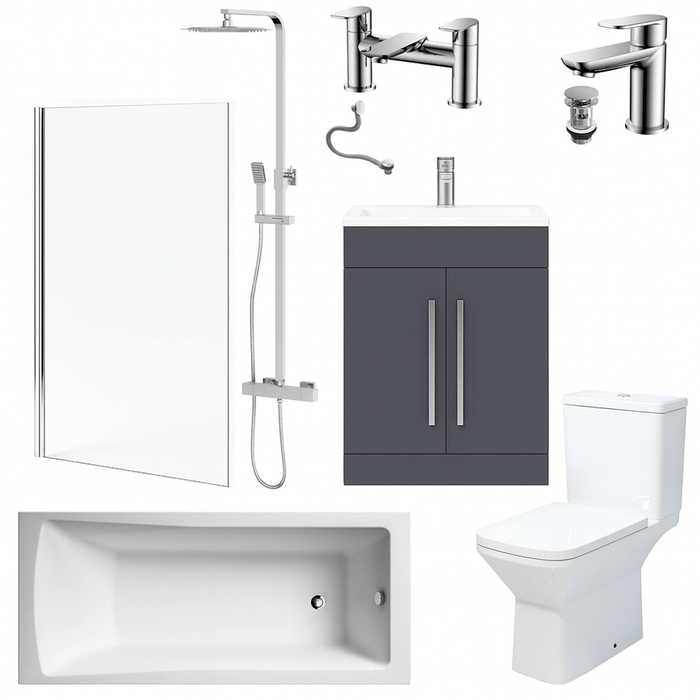 Bathroom Suite Rectangular Bath & Shower, Chrome Straight Screen, Toilet, Grey Vanity & Taps