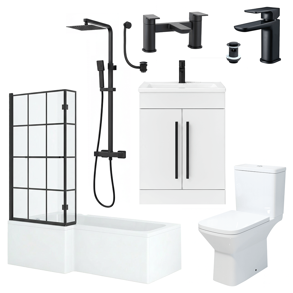 1500mm LH L-Shape Shower Bath Suite with Black Grid Screen & White Vanity