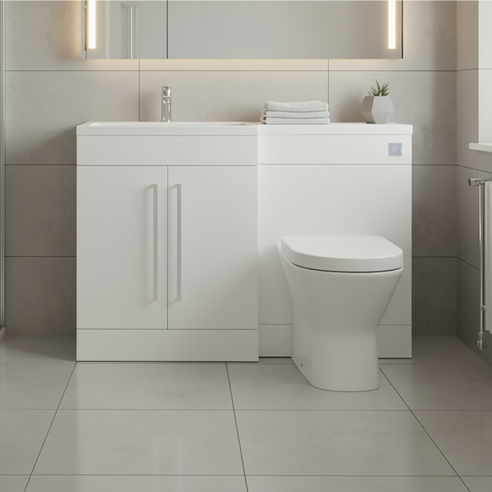 Gloss White (LH) Combination Basin WC Unit & Marbella BTW Toilet 1100mm Chrome Handles & Square Flush Plate