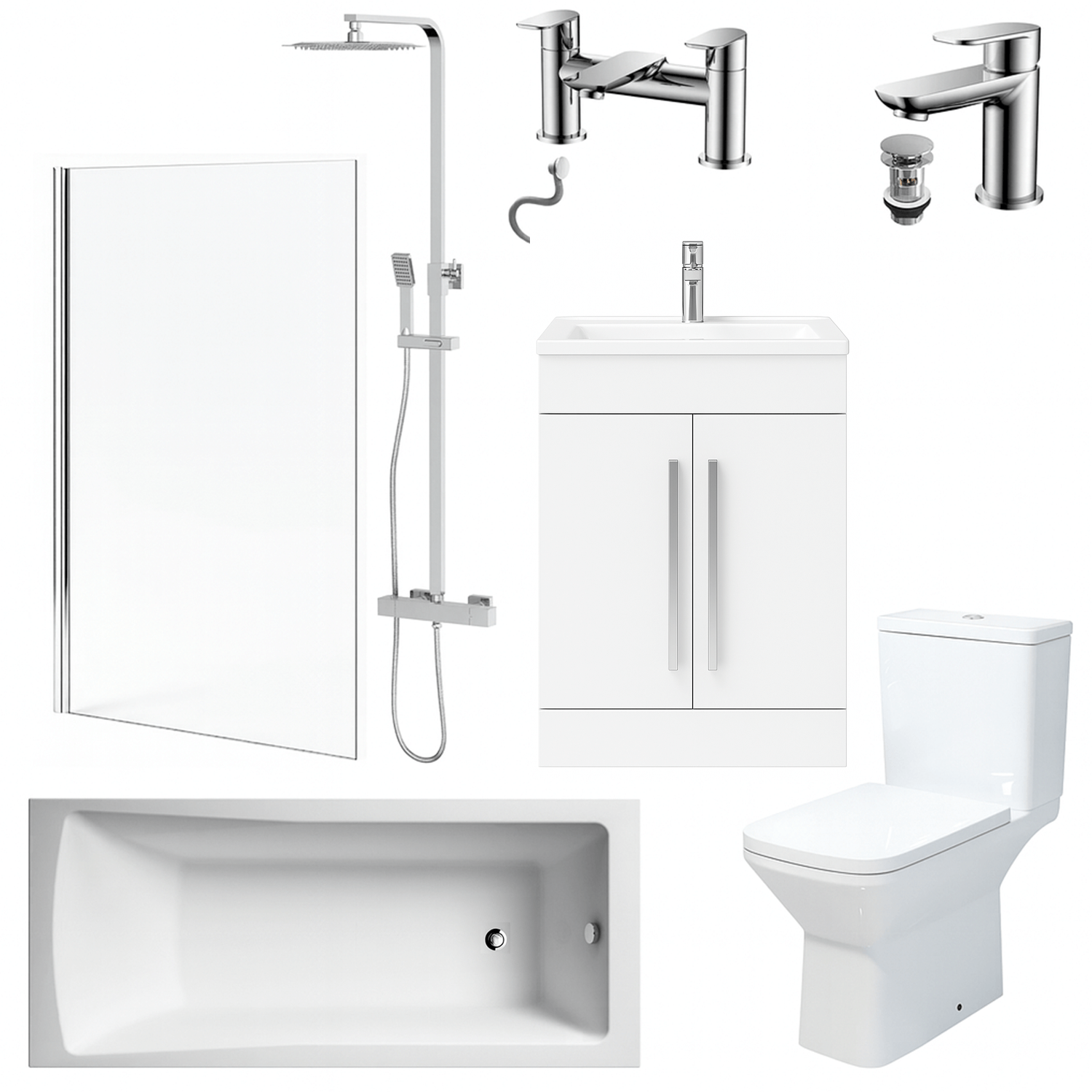 Bathroom Suite Rectangular Bath & Shower, Chrome Straight Screen, Toilet, White Vanity & Taps