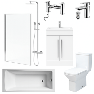 Bathroom Suite Rectangular Bath & Shower, Chrome Straight Screen, Toilet, White Vanity & Taps