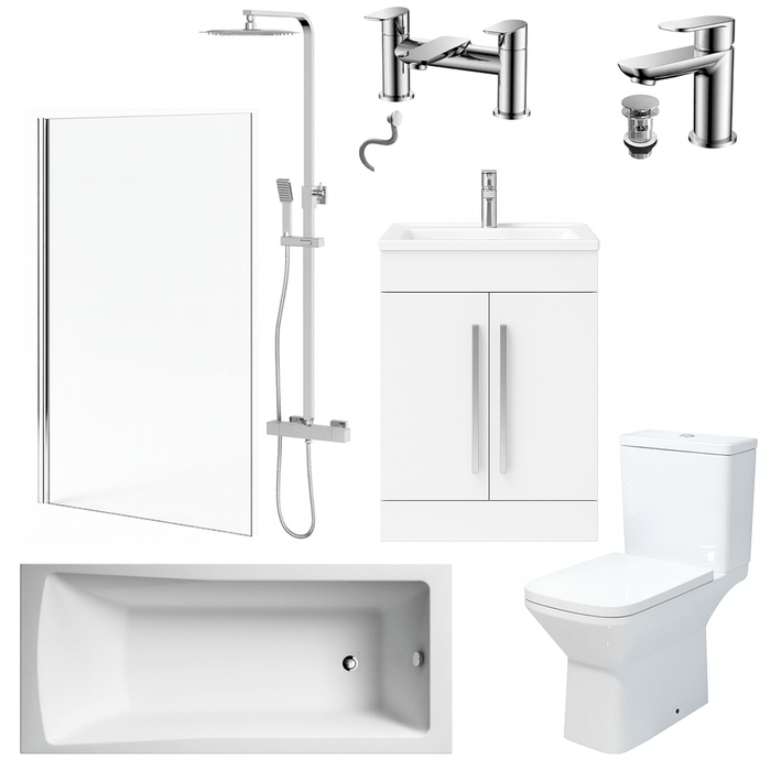 Bathroom Suite Rectangular Bath & Shower, Chrome Straight Screen, Toilet, White Vanity & Taps