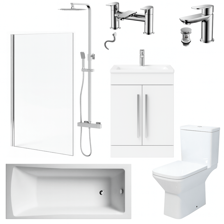Bathroom Suite Rectangular Bath & Shower, Chrome Straight Screen, Toilet, White Vanity & Taps