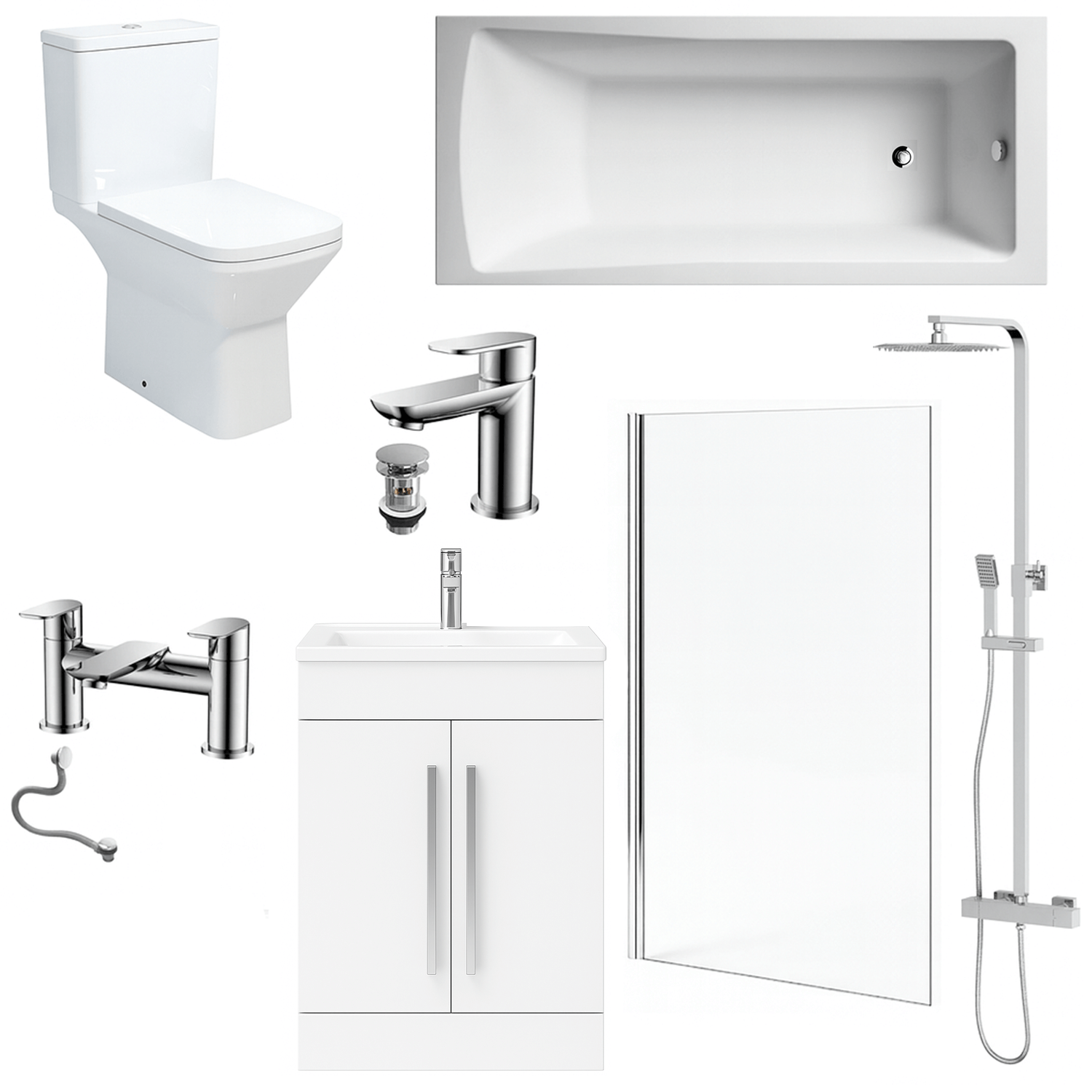 Bathroom Suite 1600mm Rectangular Bath & Shower, Chrome Straight Screen, Toilet, White Vanity & Taps