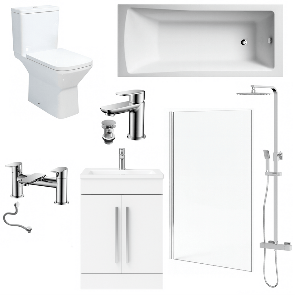 Bathroom Suite 1600mm Rectangular Bath & Shower, Chrome Straight Screen, Toilet, White Vanity & Taps