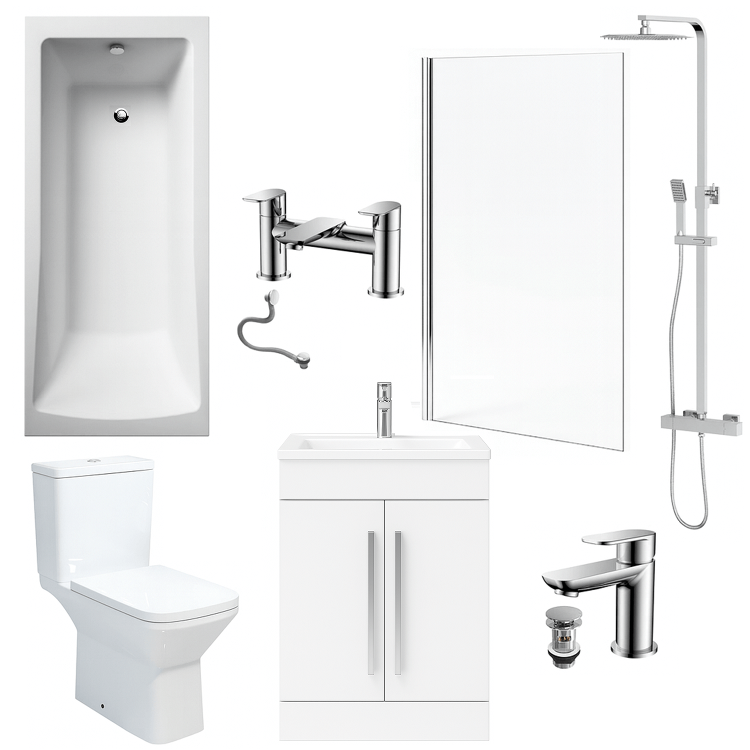 Bathroom Suite 1700mm Rectangular Bath & Shower, Chrome Straight Screen, Toilet, White Vanity & Taps