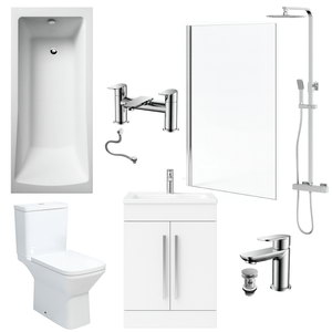 Bathroom Suite 1700mm Rectangular Bath & Shower, Chrome Straight Screen, Toilet, White Vanity & Taps