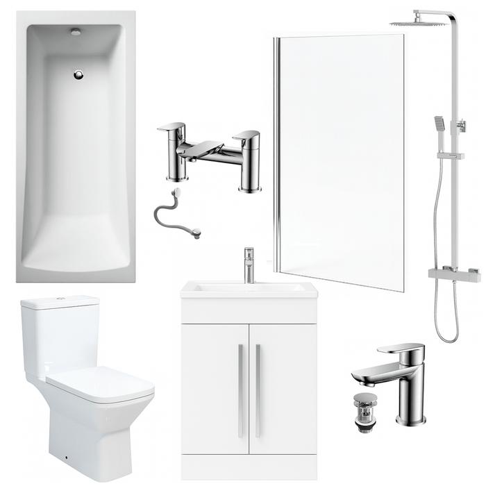 Bathroom Suite 1700mm Rectangular Bath & Shower, Chrome Straight Screen, Toilet, White Vanity & Taps
