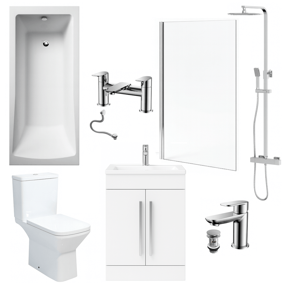 Bathroom Suite 1700mm Rectangular Bath & Shower, Chrome Straight Screen, Toilet, White Vanity & Taps