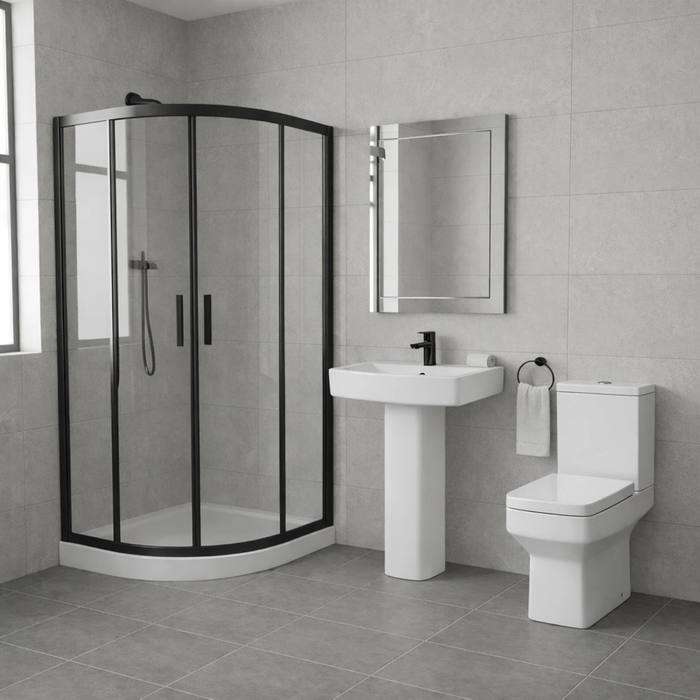 Black Quadrant Shower Enclosure, Zyon Toilet Pedestal & Basin