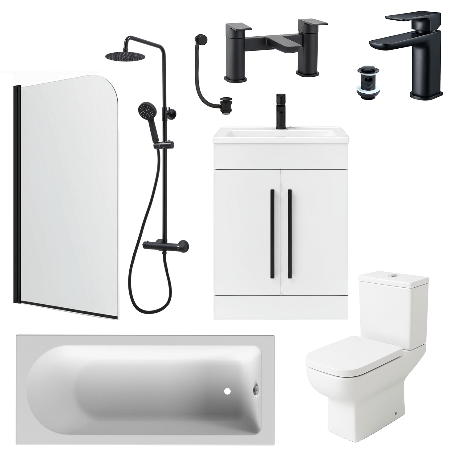 Bathroom Suite Rounded Bath & Shower, Matt Black Curved Screen, Toilet, White Vanity & Taps