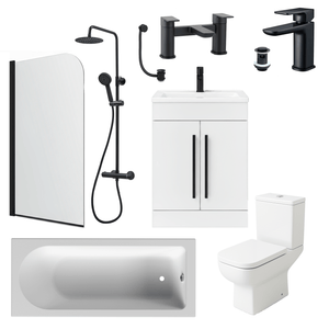 Bathroom Suite Rounded Bath & Shower, Matt Black Curved Screen, Toilet, White Vanity & Taps