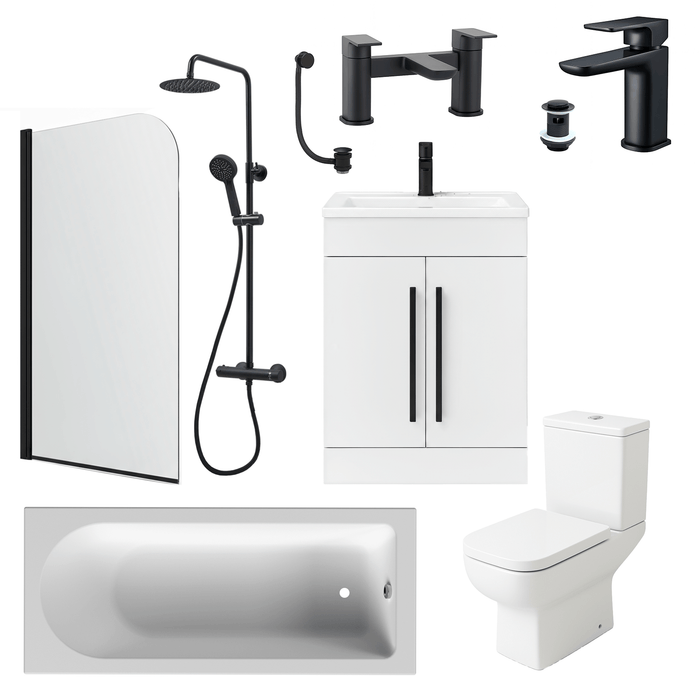 Bathroom Suite Rounded Bath & Shower, Matt Black Curved Screen, Toilet, White Vanity & Taps
