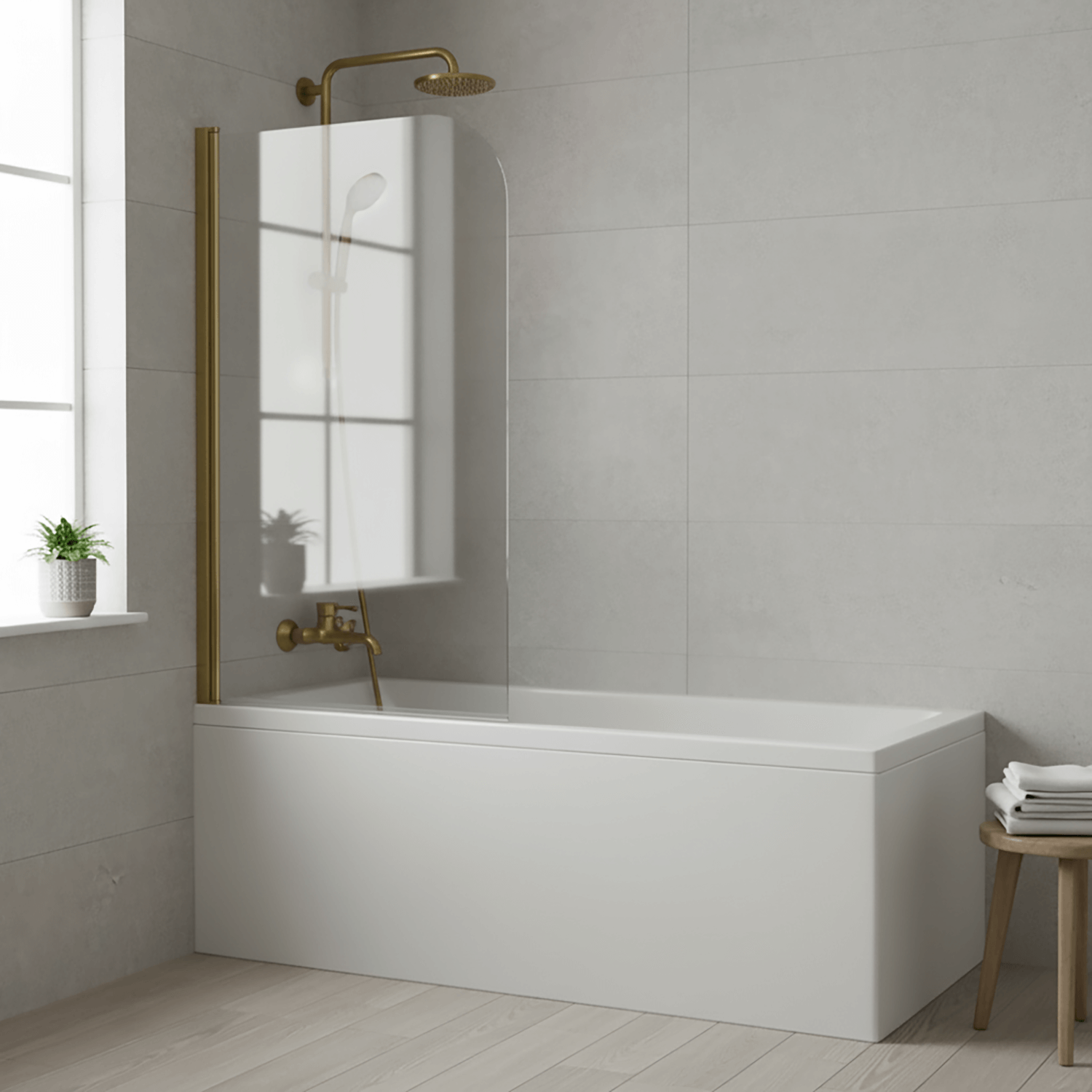 1700 -700 Bath with Hinged Radius Curved Brushed Brass Shower Bath Screen 1400 -780 mm