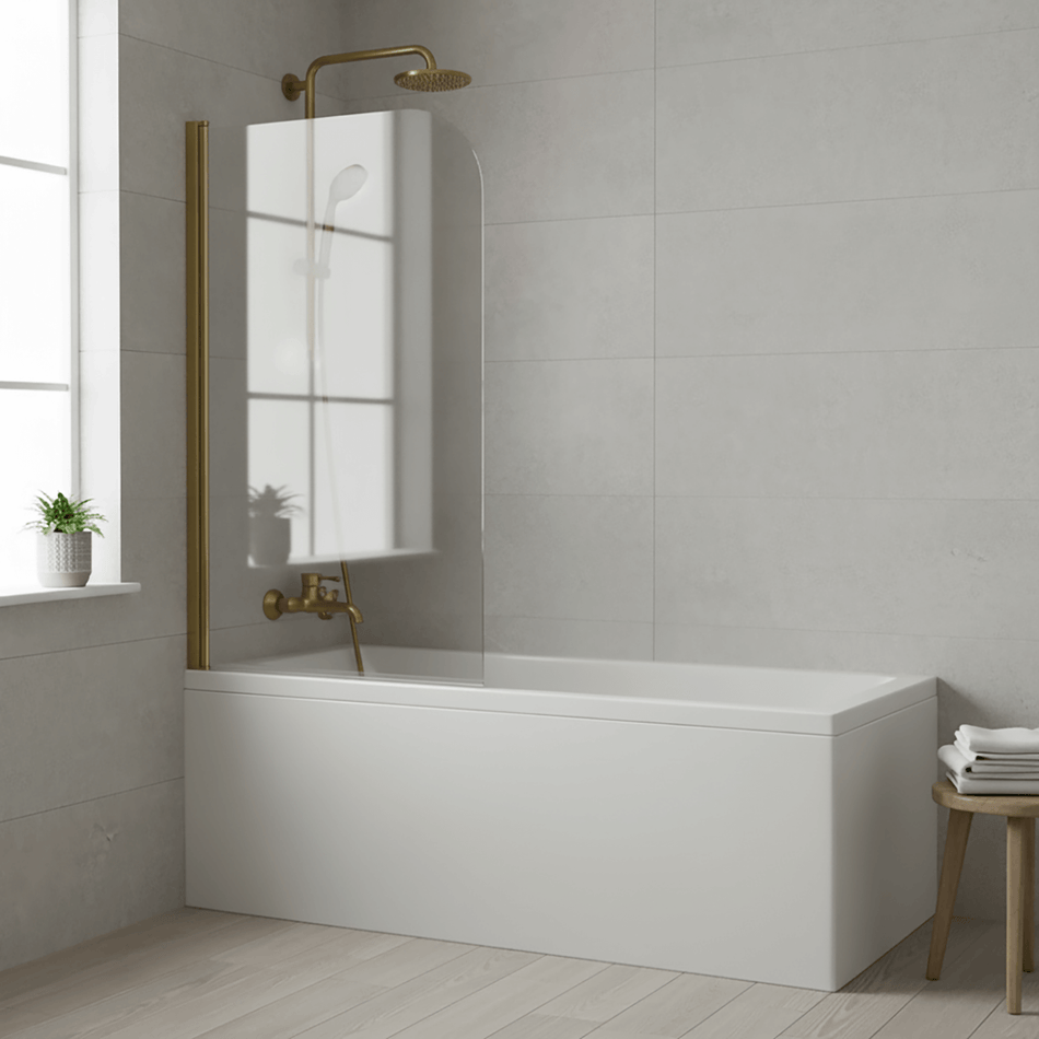 1700 -700 Bath with Hinged Radius Curved Brushed Brass Shower Bath Screen 1400 -780 mm