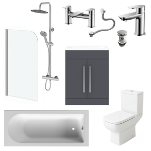 Bathroom Suite Rounded Bath & Shower, Chrome Curved Screen, Toilet, Grey Vanity & Taps