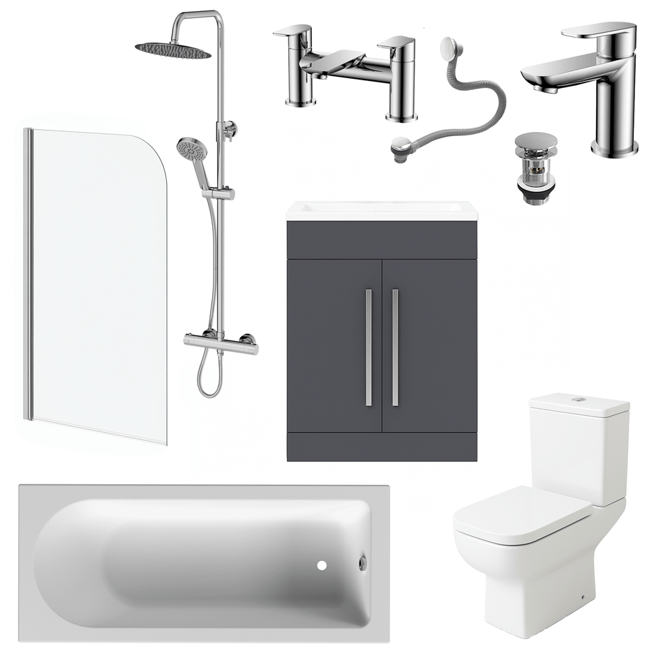 Bathroom Suite Rounded Bath & Shower, Chrome Curved Screen, Toilet, Grey Vanity & Taps
