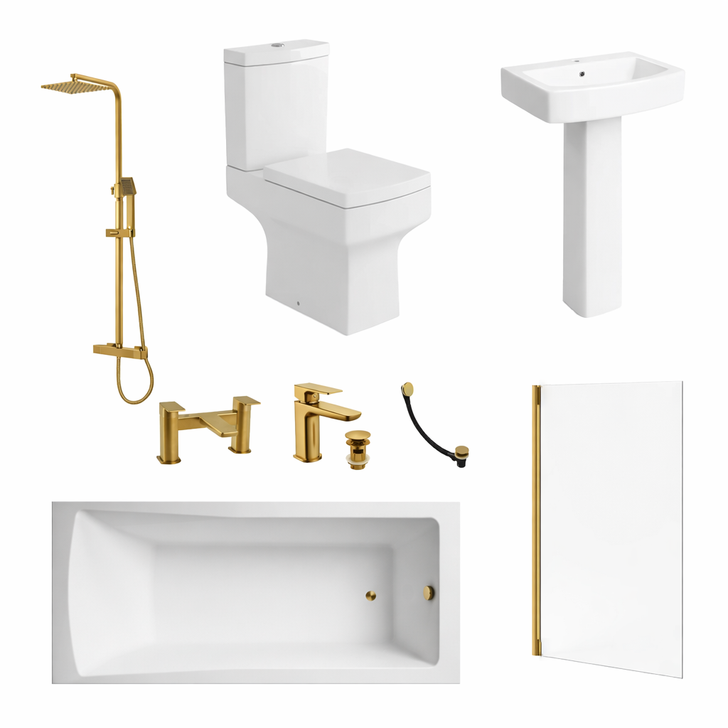 Complete Bathroom Suite with 1700mm Single-Ended Rectangular Bath Brushed Brass Screen & Taps Pedestal & Basin
