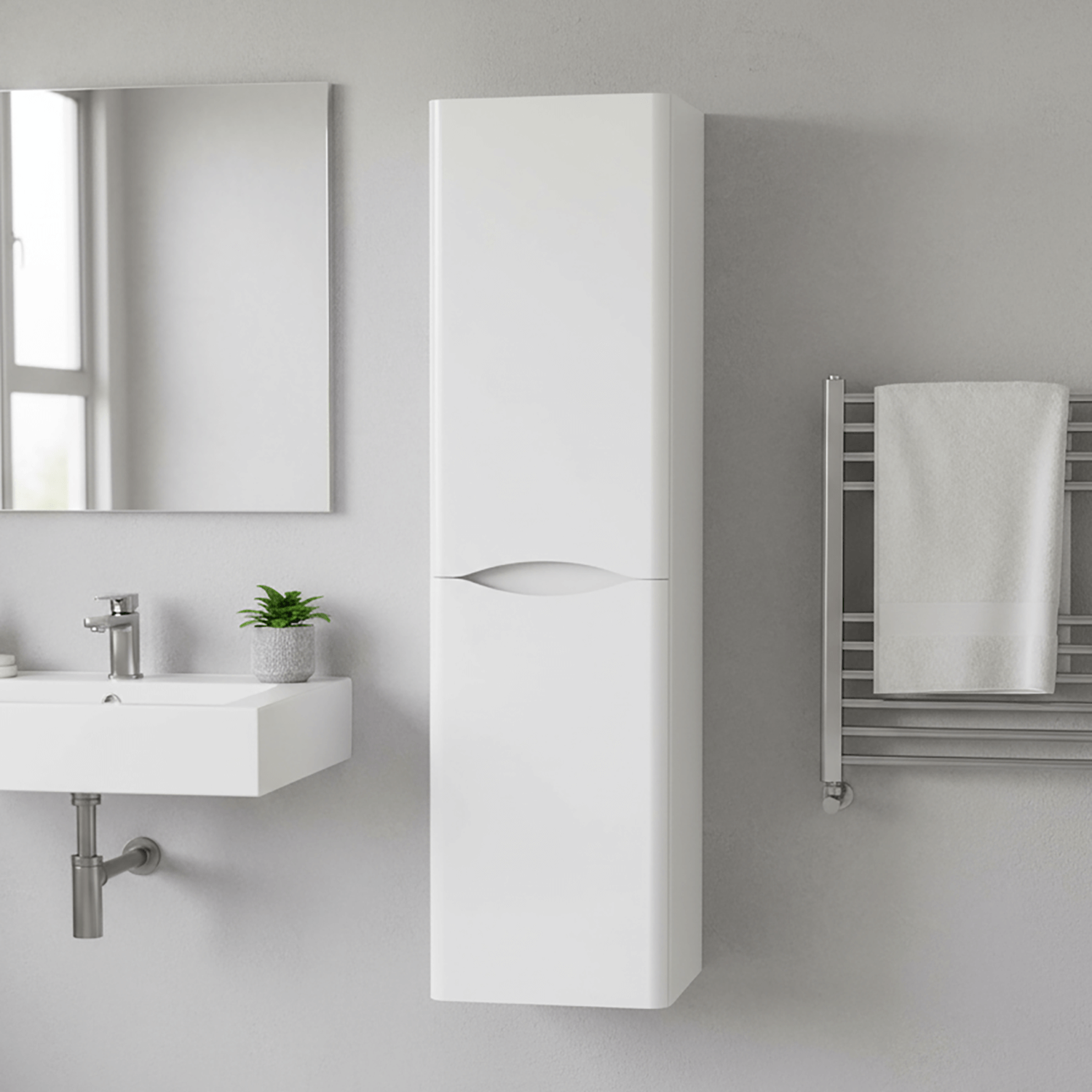 Wall Hung Tall Bathroom Storage Cabinet – 1400 x 350mm Gloss White