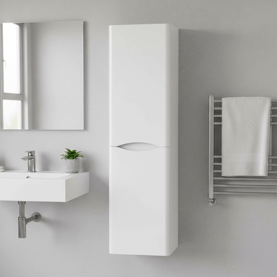 Wall Hung Tall Bathroom Storage Cabinet – 1400 x 350mm Gloss White