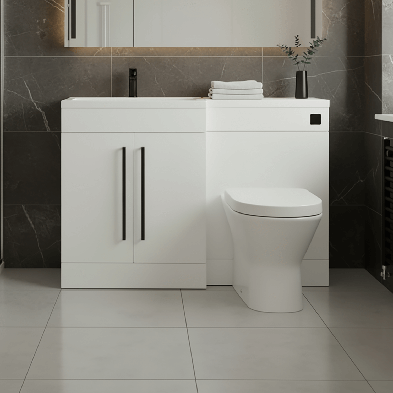 Gloss White (LH) Combination Basin WC Unit & Marbella BTW Toilet 1100mm Black Handles & Square Flush Plate
