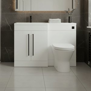 Gloss White (LH) Combination Basin WC Unit & Marbella BTW Toilet 1100mm Black Handles & Square Flush Plate