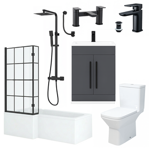 1600mm LH L-Shape Shower Bath Suite with Black Grid Screen & Grey Vanity