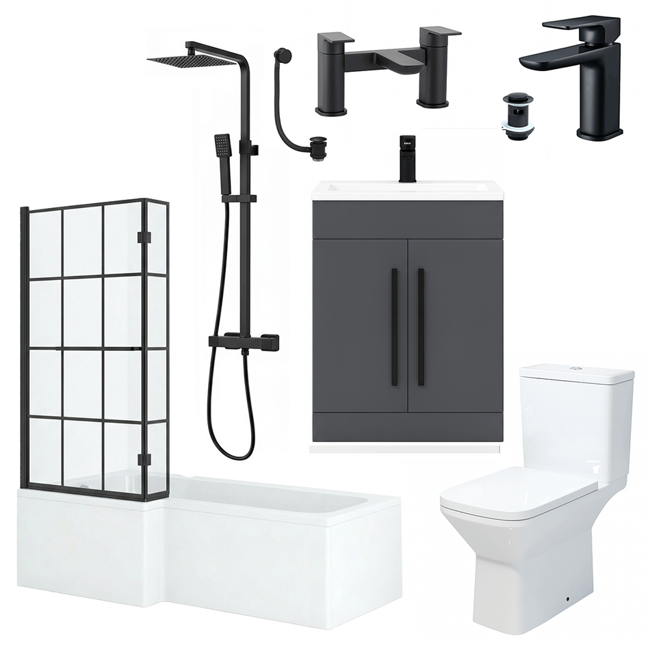 1500mm LH L-Shape Shower Bath Suite with Black Grid Screen & Grey Vanity