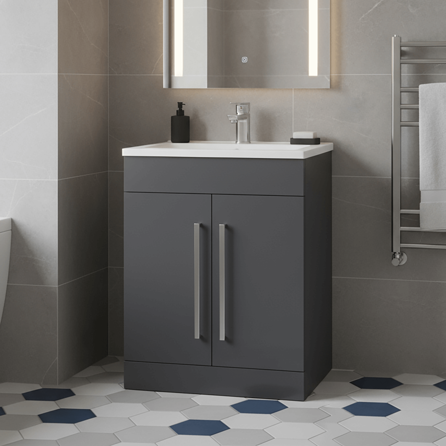 Matt Grey 600mm Floor Standing Vanity Unit with Ceramic Basin & Chrome Handles
