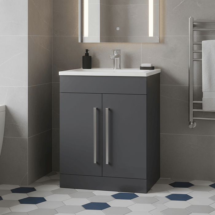 Matt Grey 600mm Floor Standing Vanity Unit with Ceramic Basin & Chrome Handles