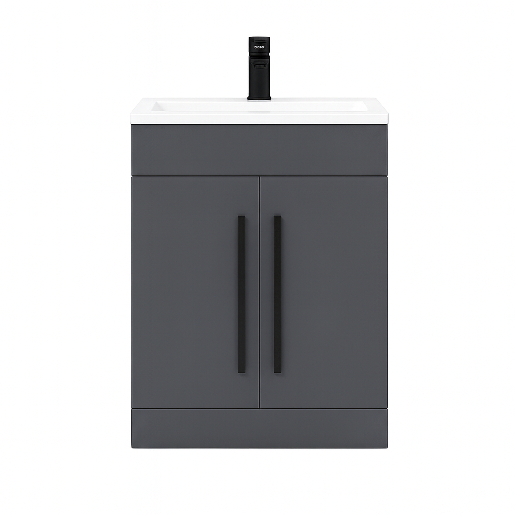 Matt Grey 600mm Bathroom Vanity Ceramic Sink Matt Black Handles