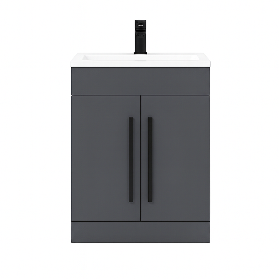 Matt Grey 600mm Bathroom Vanity Ceramic Sink Matt Black Handles