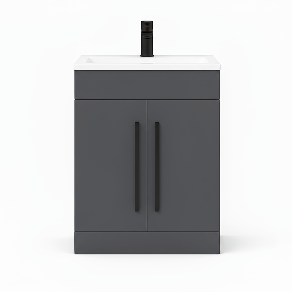 Matt Grey 600mm Floor Standing Vanity Unit with Ceramic Basin & Matt Black Handles