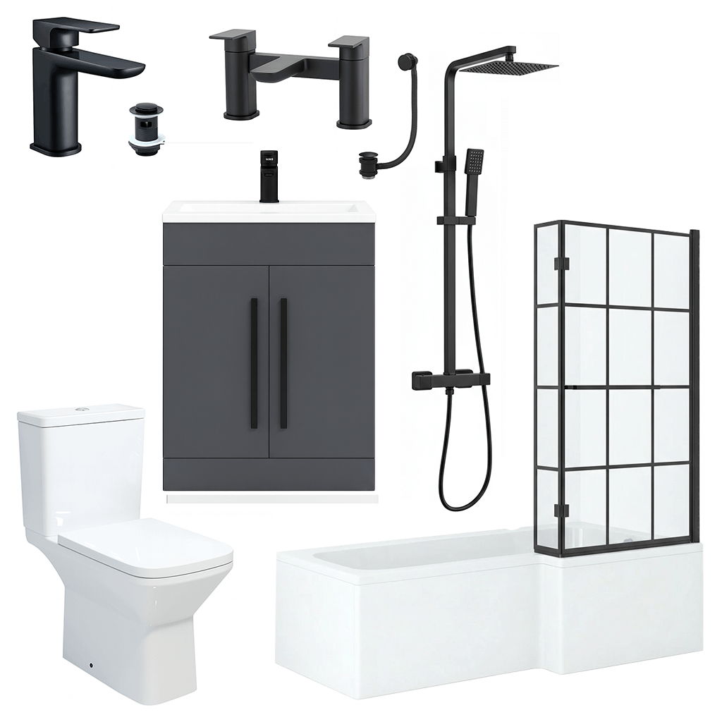 1600mm RH L-Shape Shower Bath Suite with Black Grid Screen & Grey Vanity